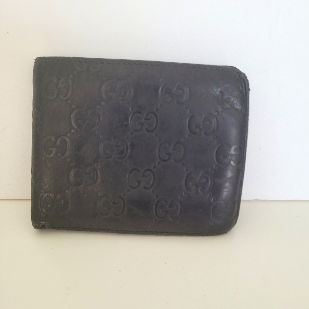 Gucci Guccissima Bifold Wallet Black GG Monogram Leather Coin Pocket Italy Mens